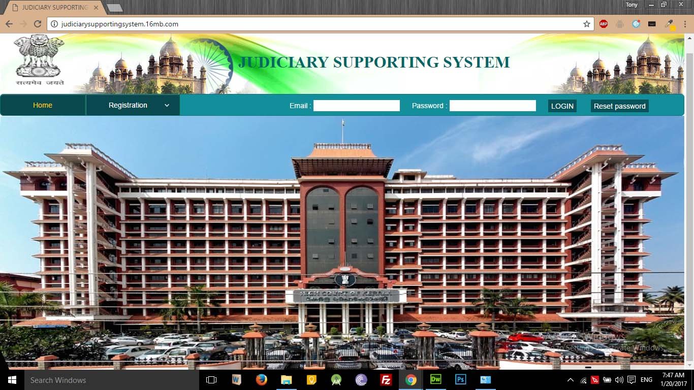 JSS(Judiciary Supporting System) is a final year college project completed by our team for a group of students. JSS includes options for registering cases, for knowing status of a case, for showing all issued orders from the court, sending notification emails etc.